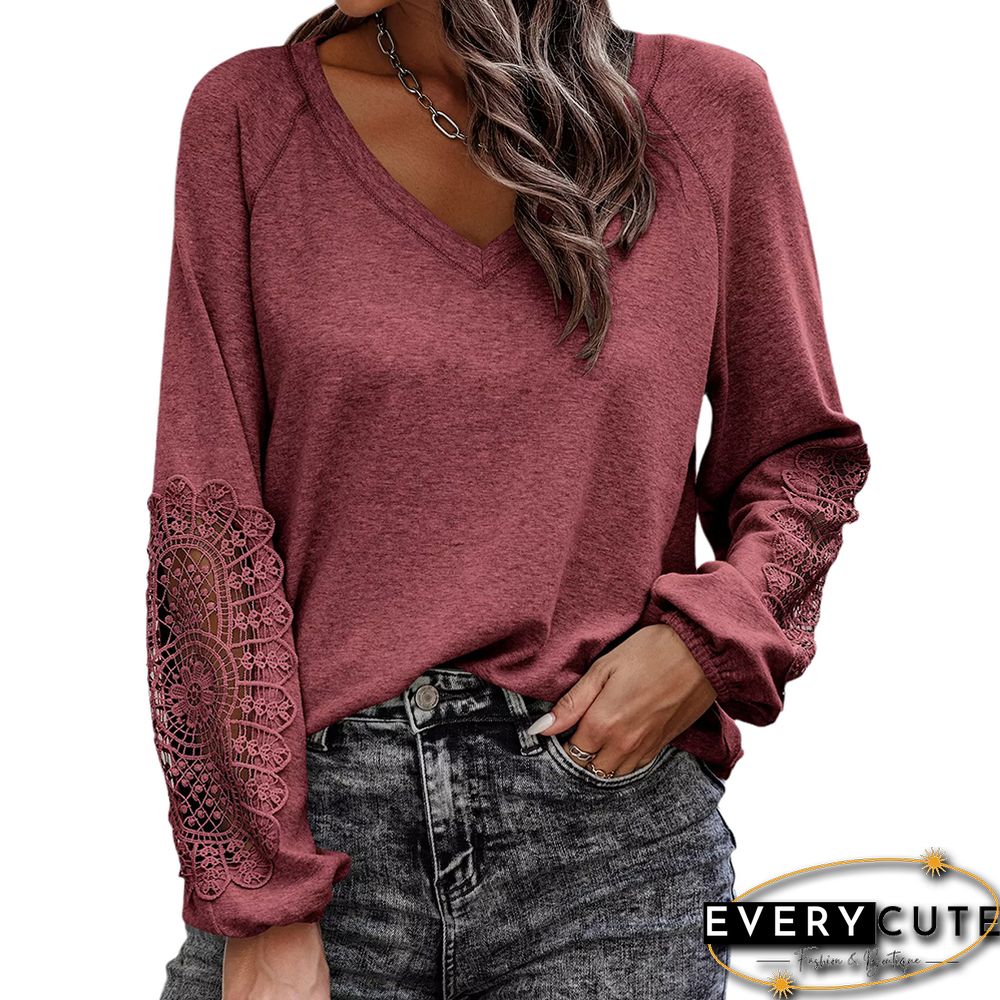 Wine Red V Neck Spliced Crochet Long Sleeve Tops