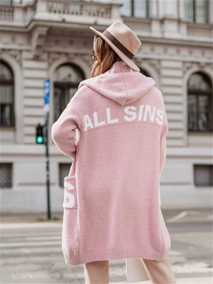 Autumn and Winter New Cardigan Hooded Knit Women's Letters Numbers Text Sweater Jacket Cardigan Knit ALLSINA | 168DEAL