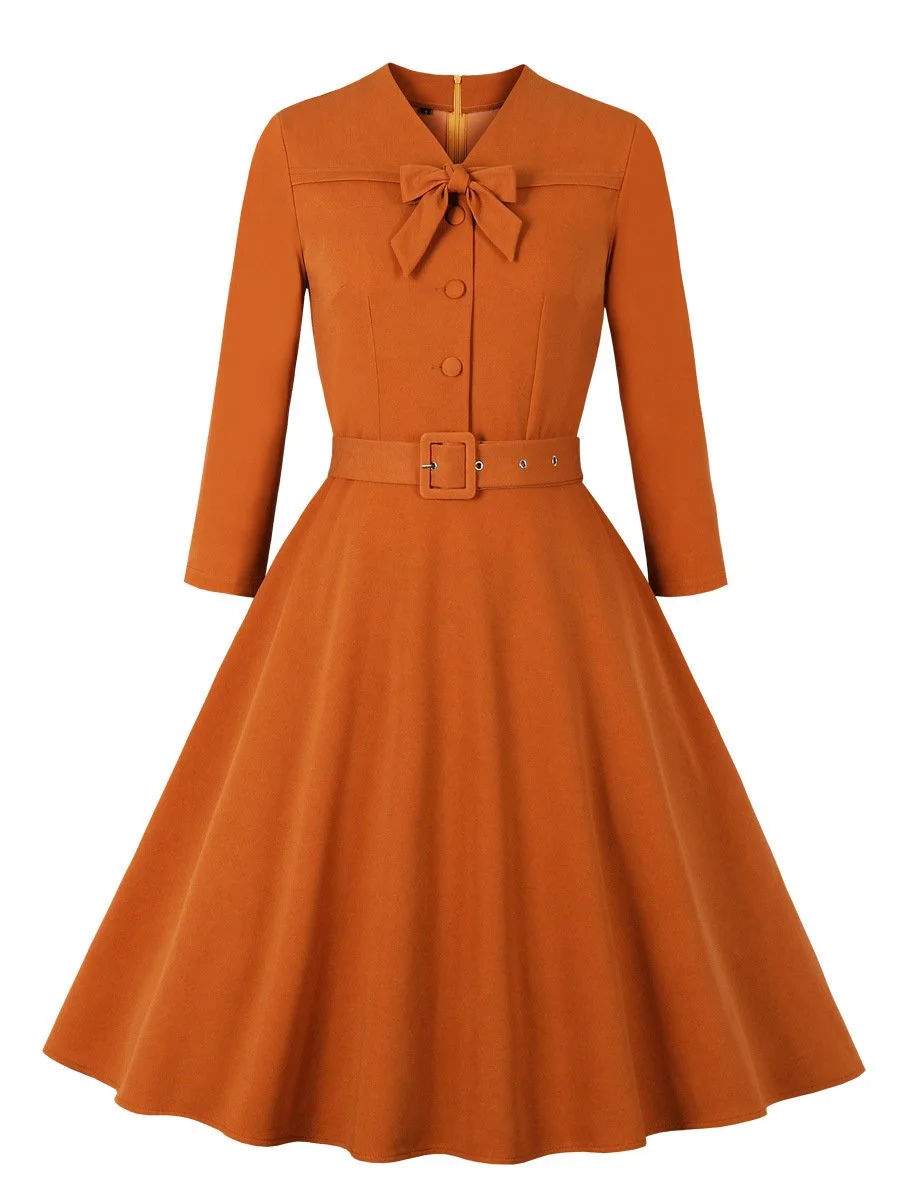Vintage Dress Bow Neck Solid Color Long Sleeve Tie Waist Swing Dress
