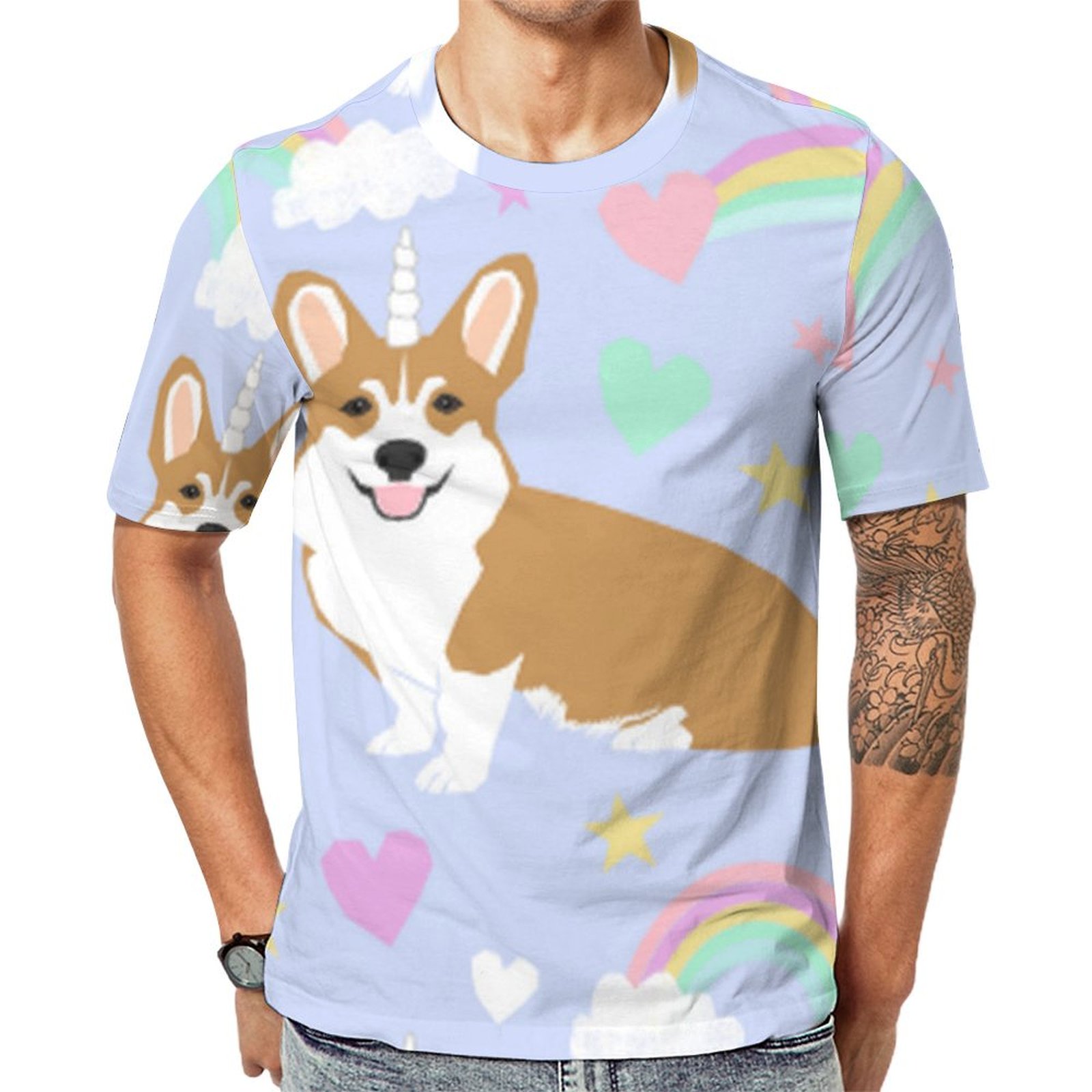 Blue Dreamy Pastel Corgi Unicorn Short Sleeve Print Unisex Tshirt Summer Casual Tees for Men and Women Coolcoshirts