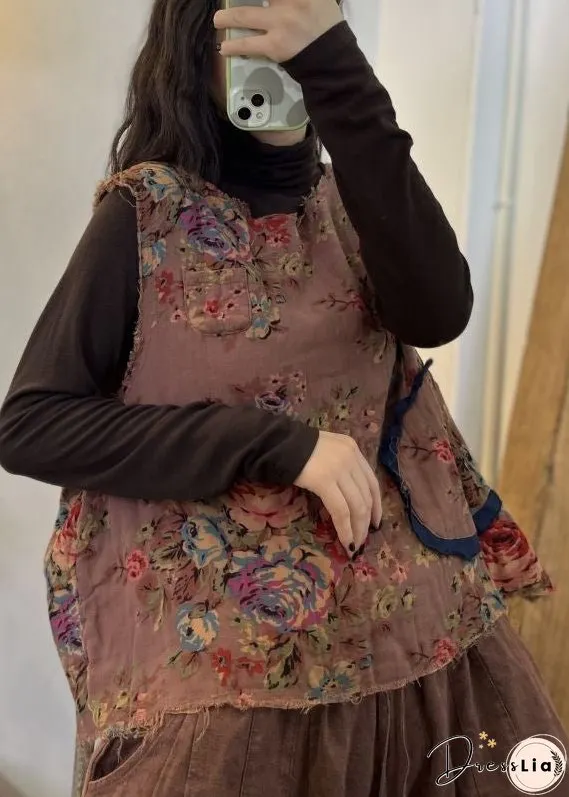 Unique Red O Neck Print Patchwork Cotton Waistcoat Sleeveless