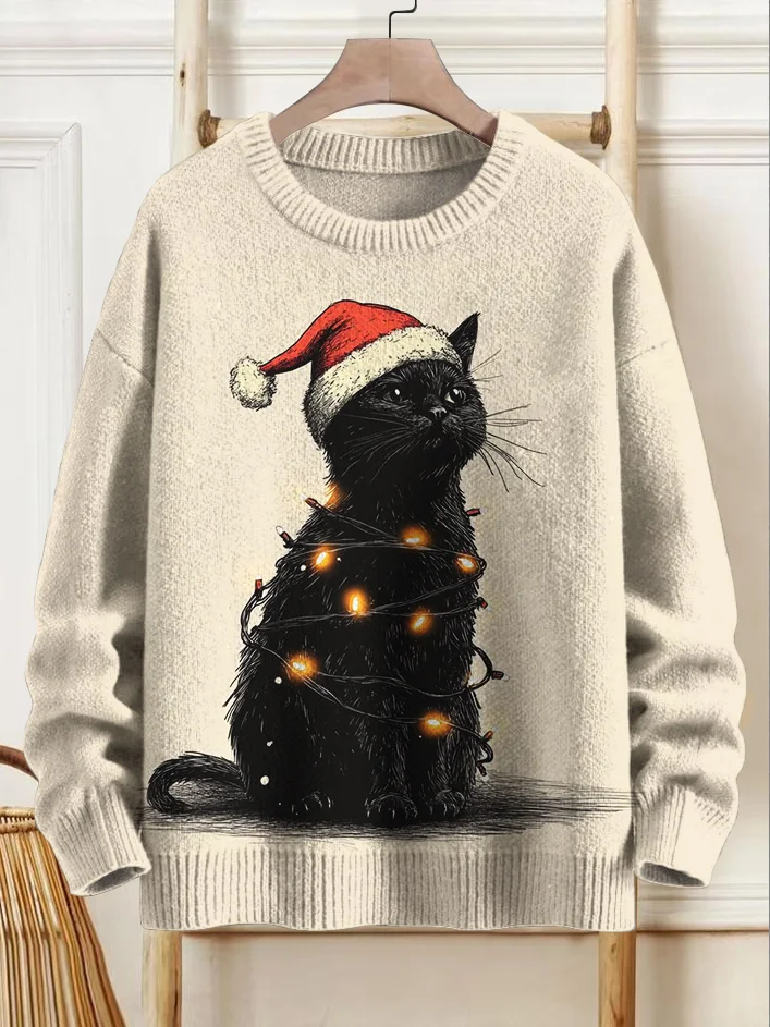 Men's Black Cat Tangled In Christmas Lights Print Knit Sweatshirt