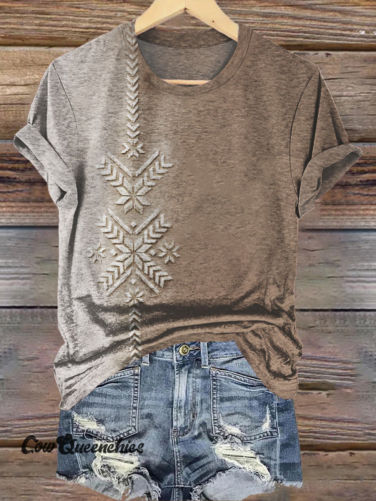 Simple Retro Ethnic Texture Print T-Shirt Khaki / S