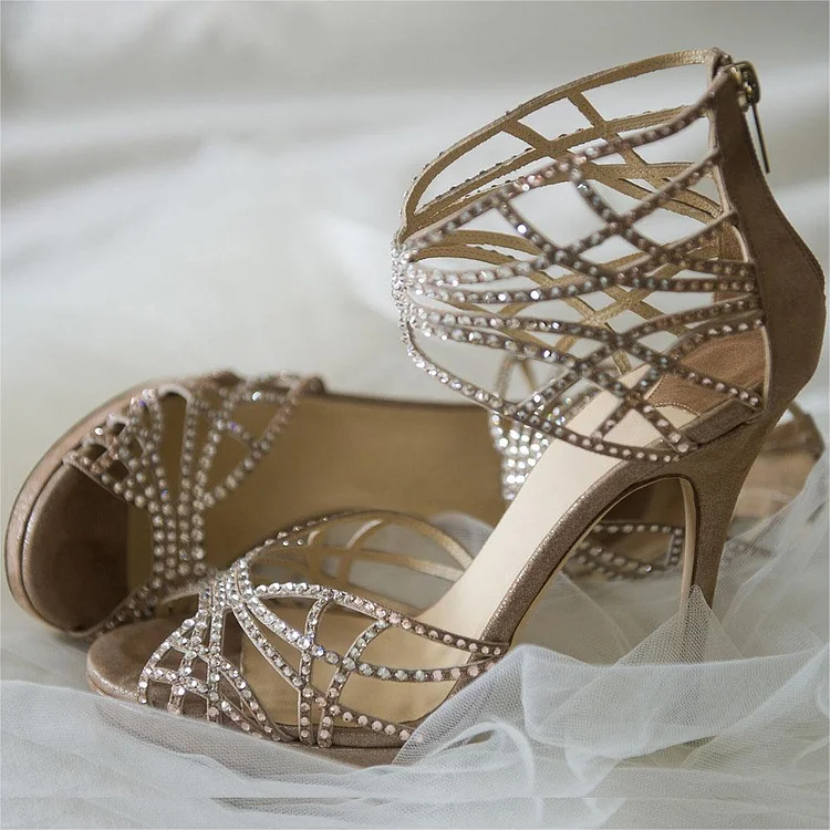 Rhinestone Caged Platform Sandals Peep Toe Wedding Shoes for Bride |FSJ Shoes