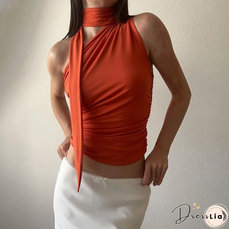 Summer Ribbon Scarf Design Pleated T-shirt Blouses