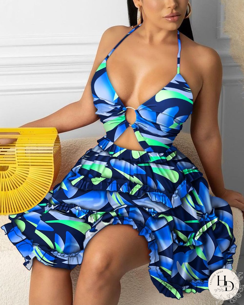 Cami Open Front Frill Hem Floral Print Dress