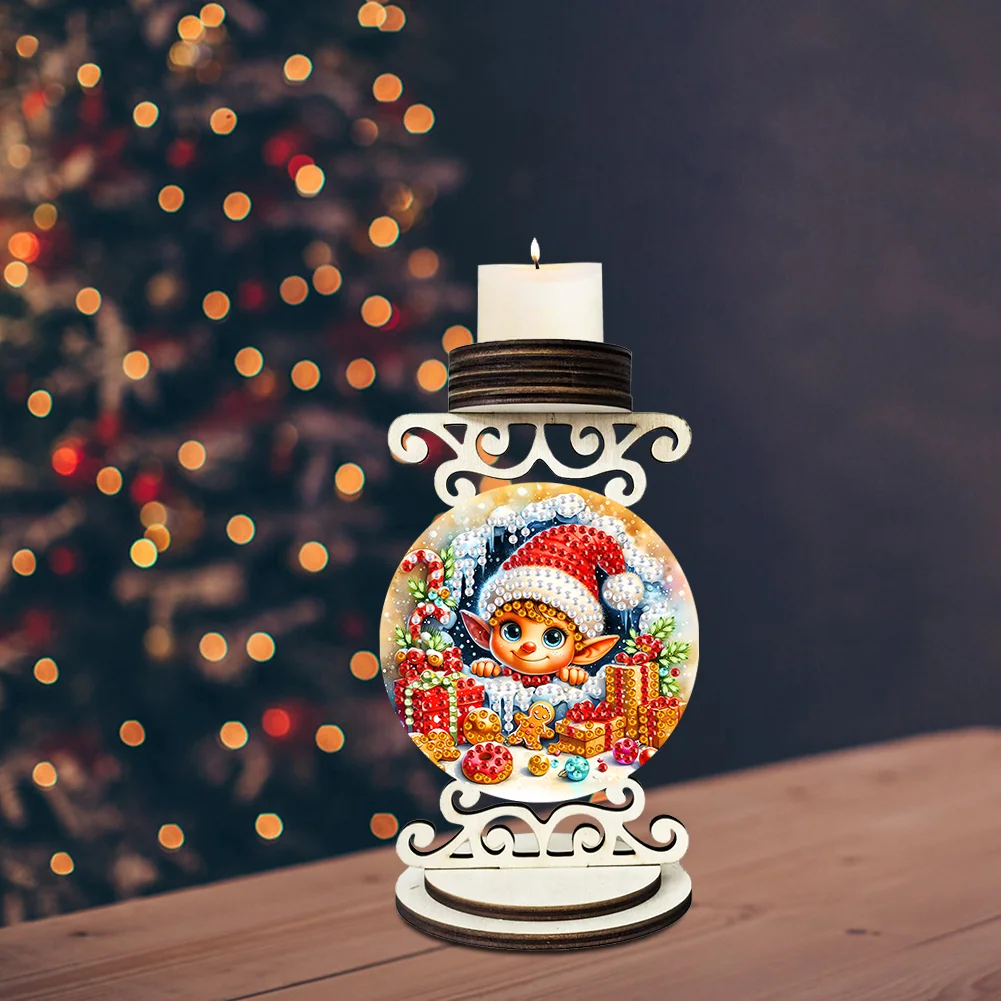 5D DIY Elf Wooden Special Shaped Christmas Theme Diamond Painting Candle Holder