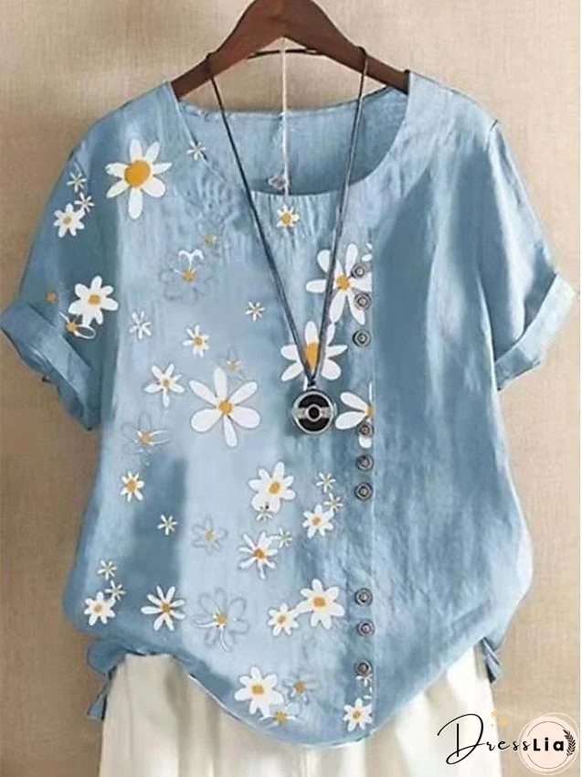 Shirt Blouse Light Yellow Light Blue Navy Blue Floral Button Print Short Sleeve Casual Holiday Basic Round Neck Regular Floral M for Women