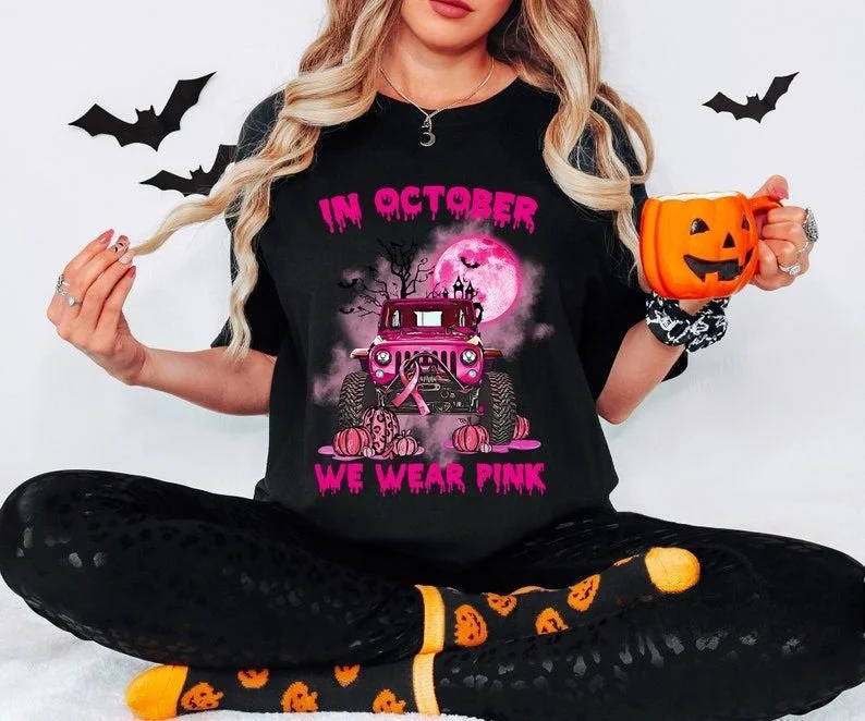 In October We Wear Pink Halloween Cancer Awareness T-shirt