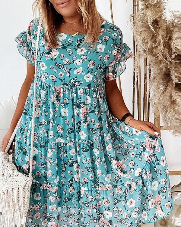 Ruffle Mini Dress Short Sleeve Floral Dresses - Chicaggo