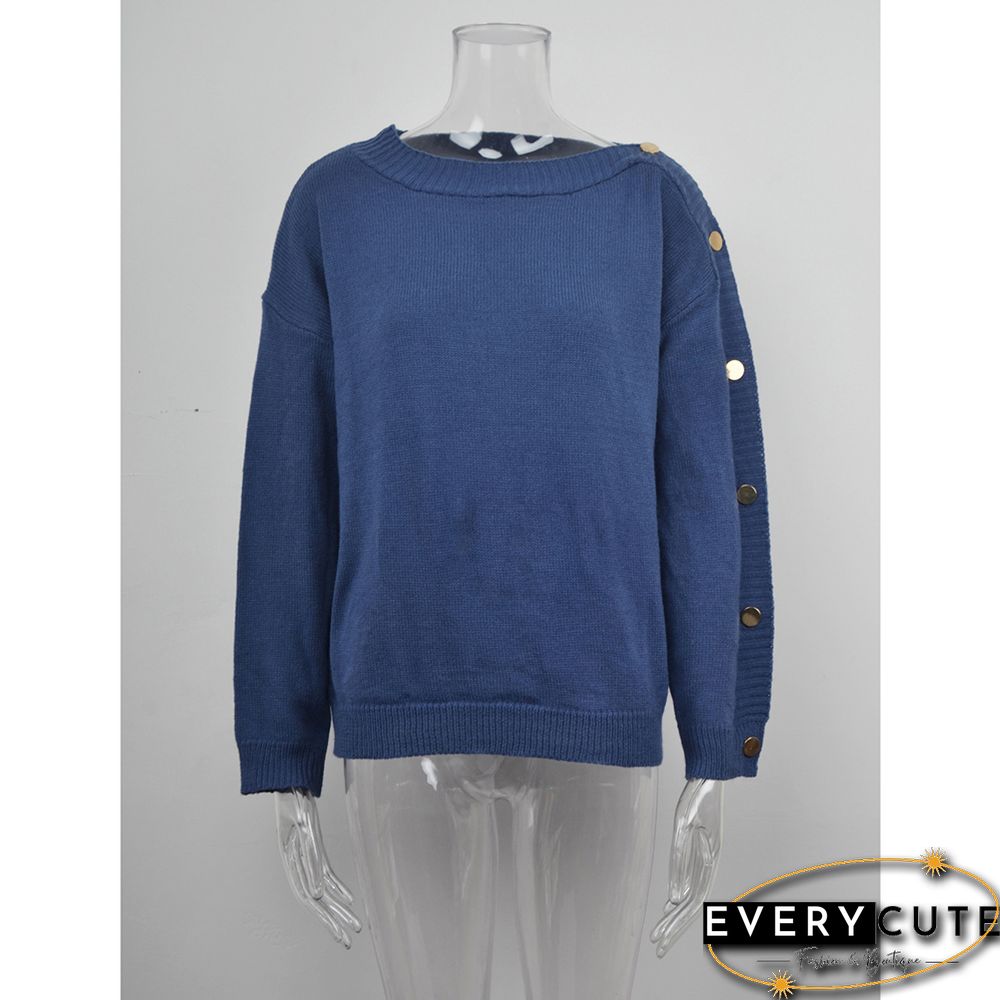 Navy Blue One-side Button Long Sleeve Pullover Sweater