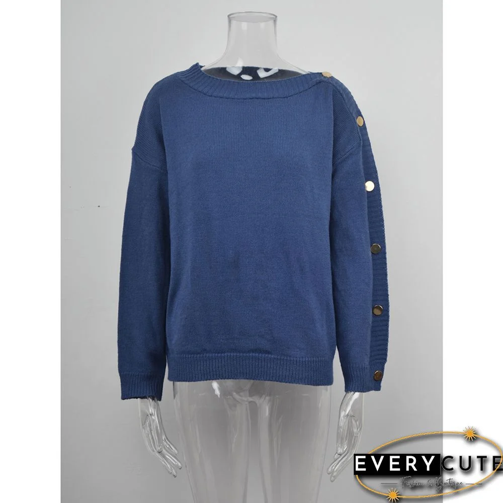 Navy Blue One-side Button Long Sleeve Pullover Sweater