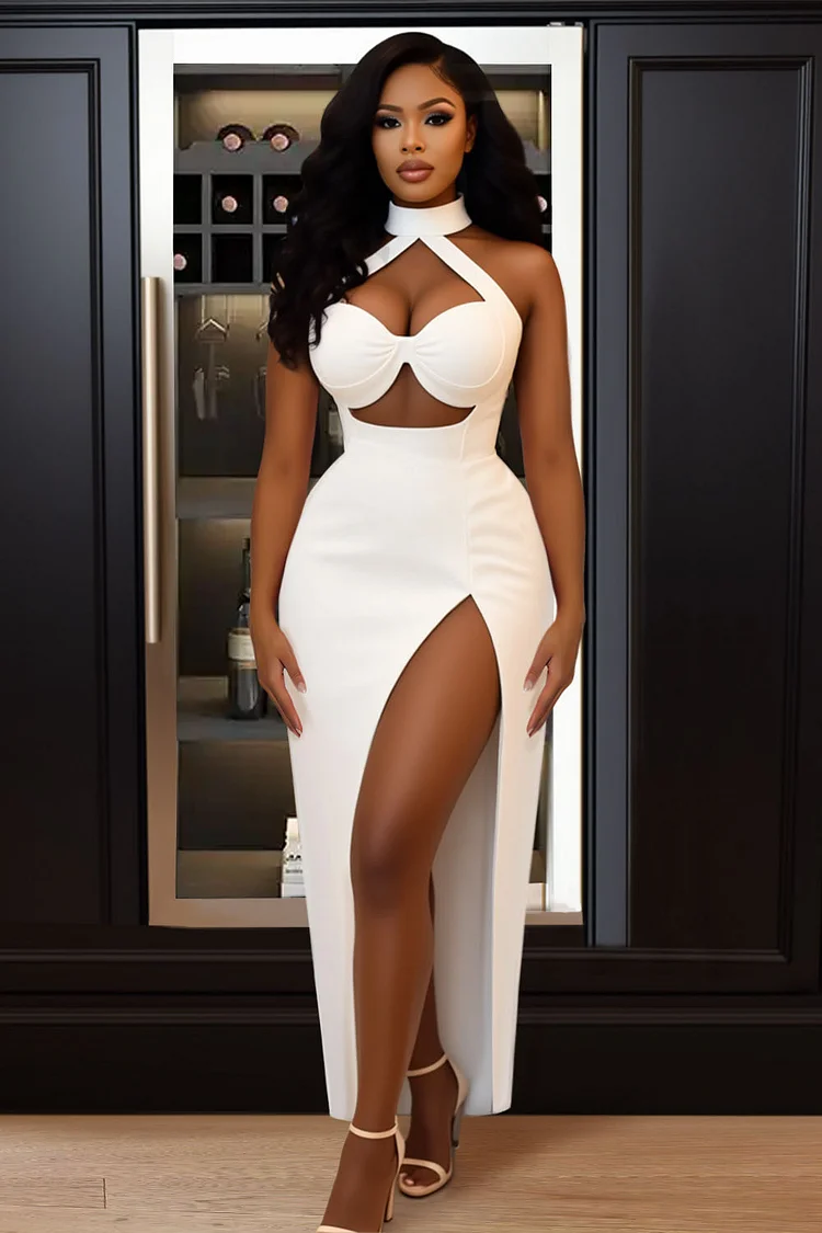 Halter Cutout High Slit Slim-Fit Party Maxi Dresses-White [Pre Order]