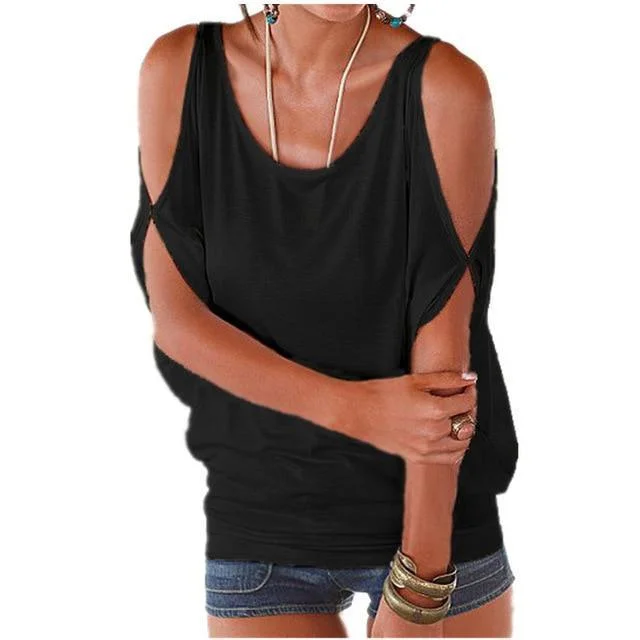 Women Summer Casual Sexy Off Shoulder Tops Batwing Sleeve Lace Up Solid O-Neck Tops | IFYHOME