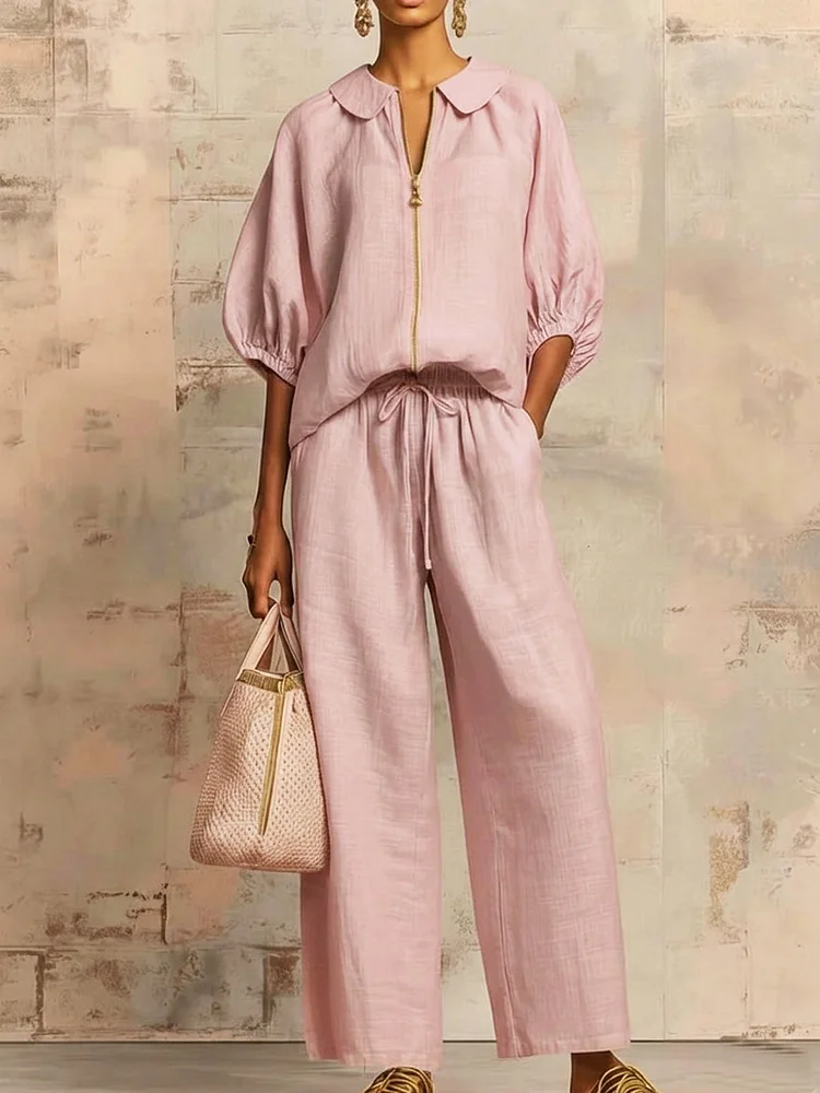Stylish Peter Pan Collar Zip-up Shirt And Wide-leg Pant Linen Cotton Set