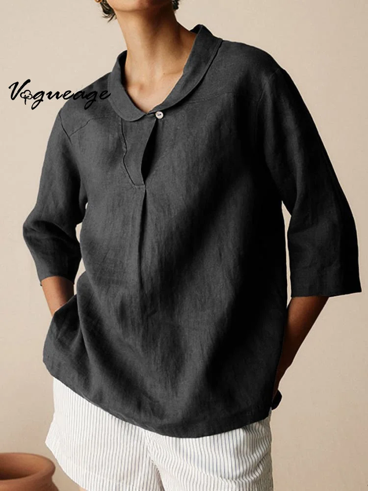 Loose Lapel Three-Quarter Sleeves Women's Cotton And Linen Top