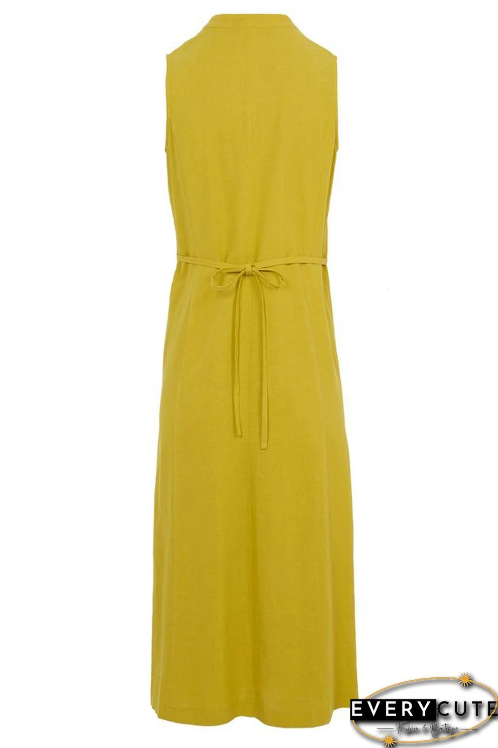 Yellow V Neck Pleated Sleeveless Dress