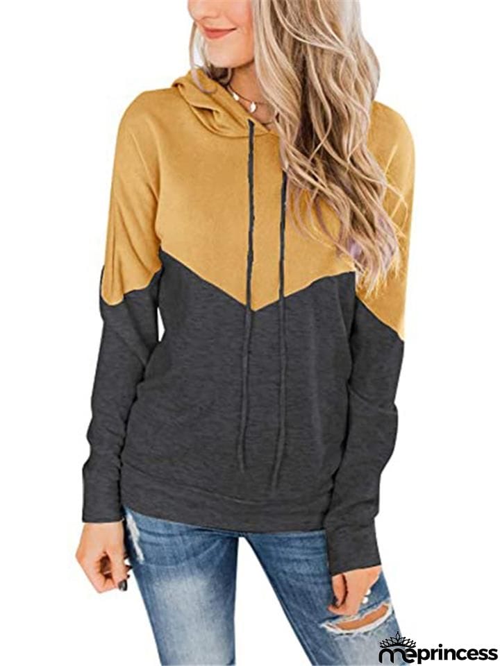 Women Color Block Drawstring Long&nbsp;Sleeve Pullover Hoodie
