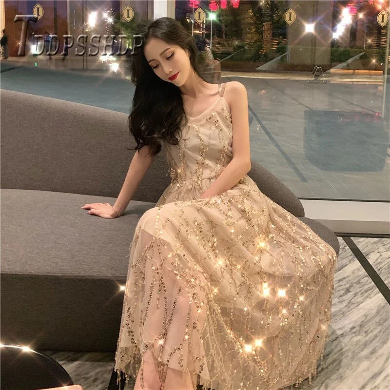 2019 Sexy Backless Women Dress Summer Sequins Hollow Design Female Maxi Dresses