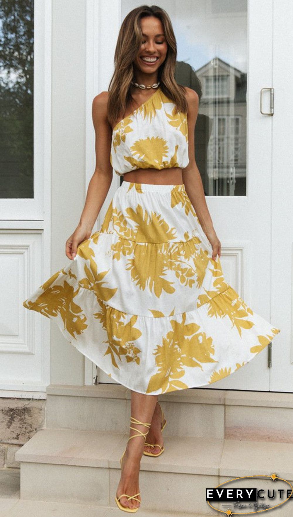 Yellow Floral Top and Skirt Matching Sets