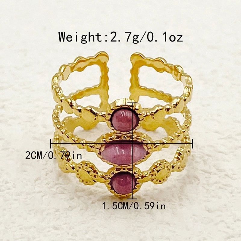 Sweet Minimalist Korean Style Waves Flower 304 Stainless Steel Natural Stone 14K Gold Plated Enamel Inlay Open Rings