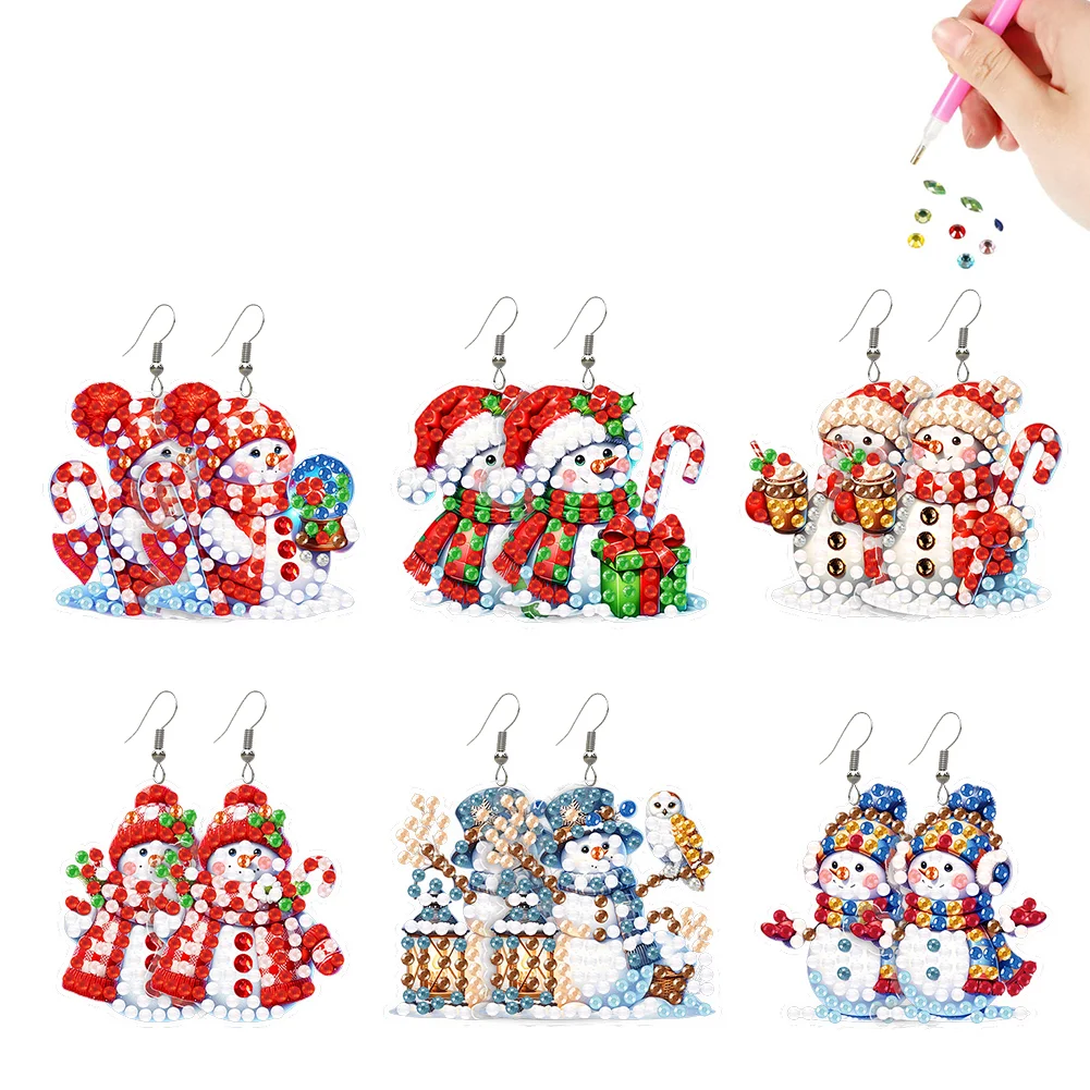 6 Pairs Christmas Snowman Double Sided Diamond Painting Earrings Jewelry