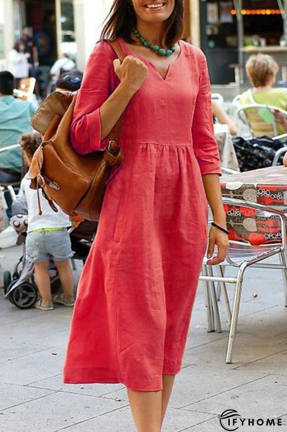 Linen V Neck Seven Sleeves Midi Dress | IFYHOME