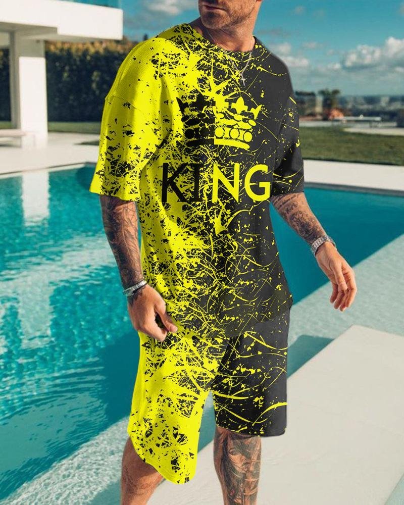 Men's Casual Yellow and Gray King Printed Shorts Suit