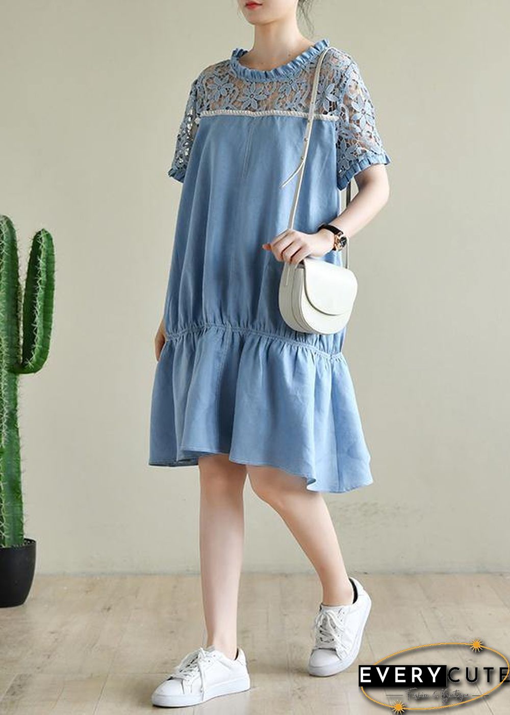 Chic o neck patchwork lace summer dress light blue Dresses
