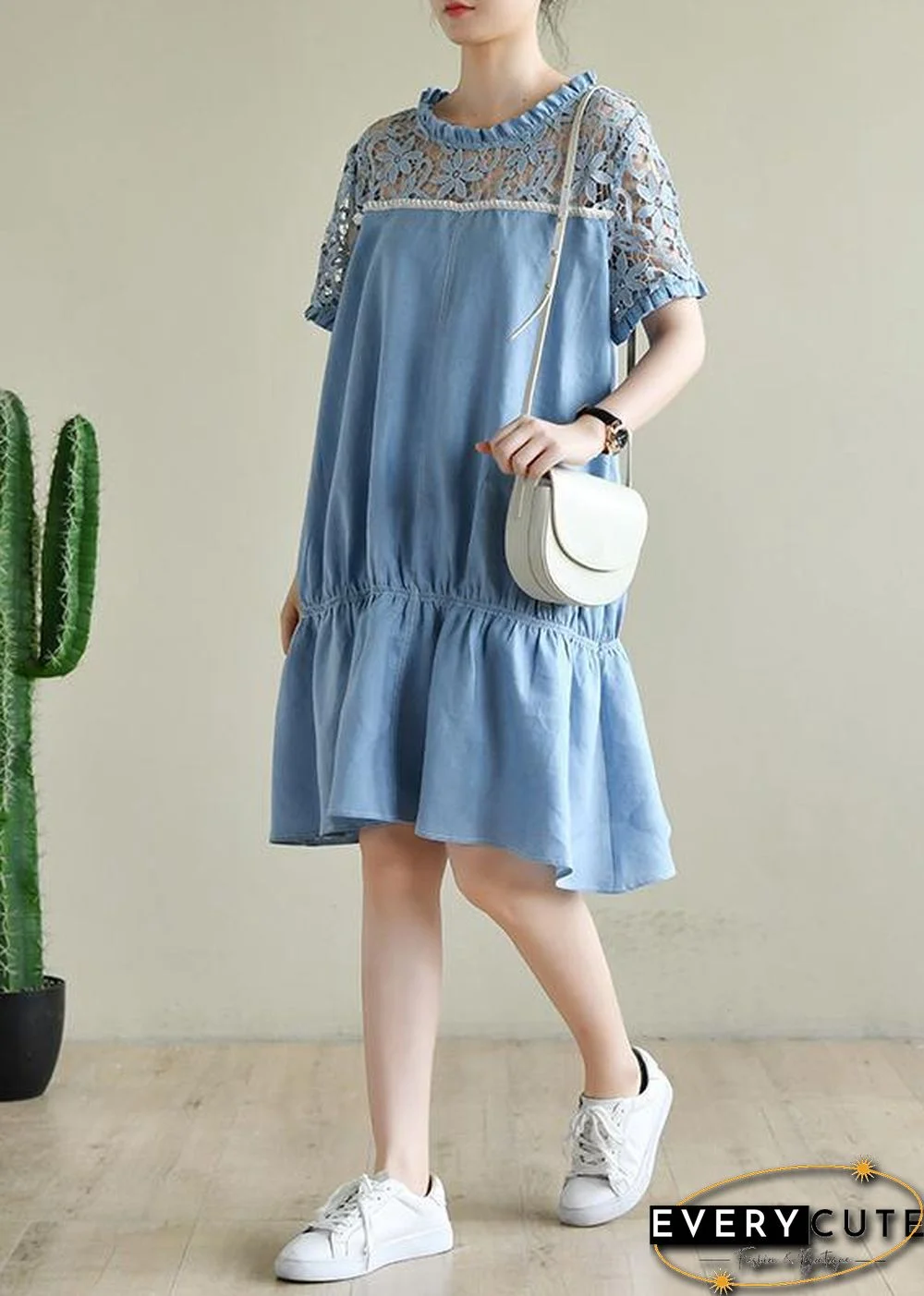 Chic o neck patchwork lace summer dress light blue Dresses
