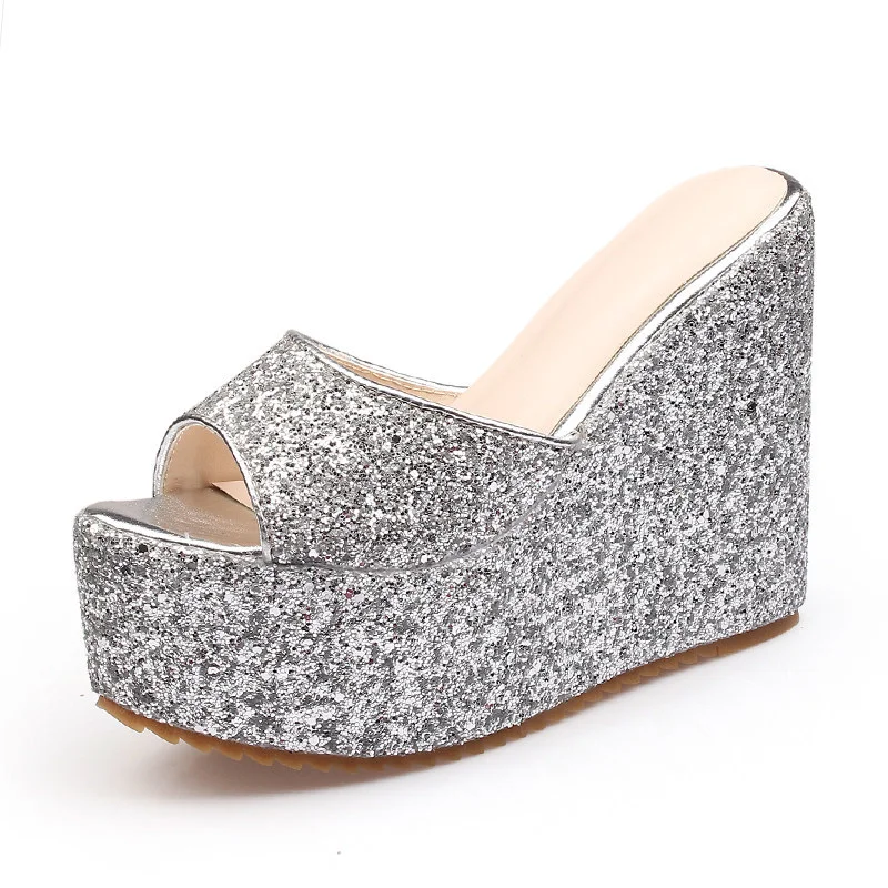 Wongn Wongn Bottom Sandals Women's Shoes 2023 New High Heel Banquet Reception Shoes Sequined Wedge Slippers Summer