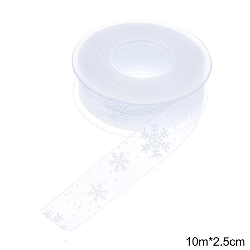 10m Snowflake Printer Organza Ribbon for Christmas Gift Wrapping Packaging Decoration Birthday Party DIY Handmade Crafts Bowknot