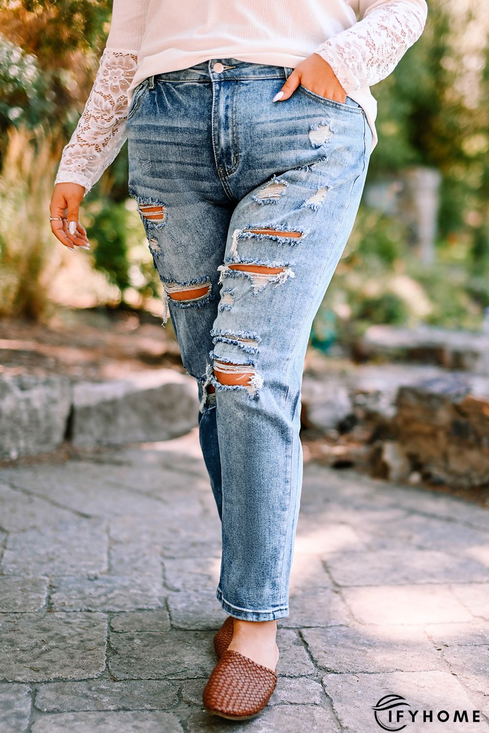 Blue Plus Size Distressed Slit Vintage Jeans | IFYHOME