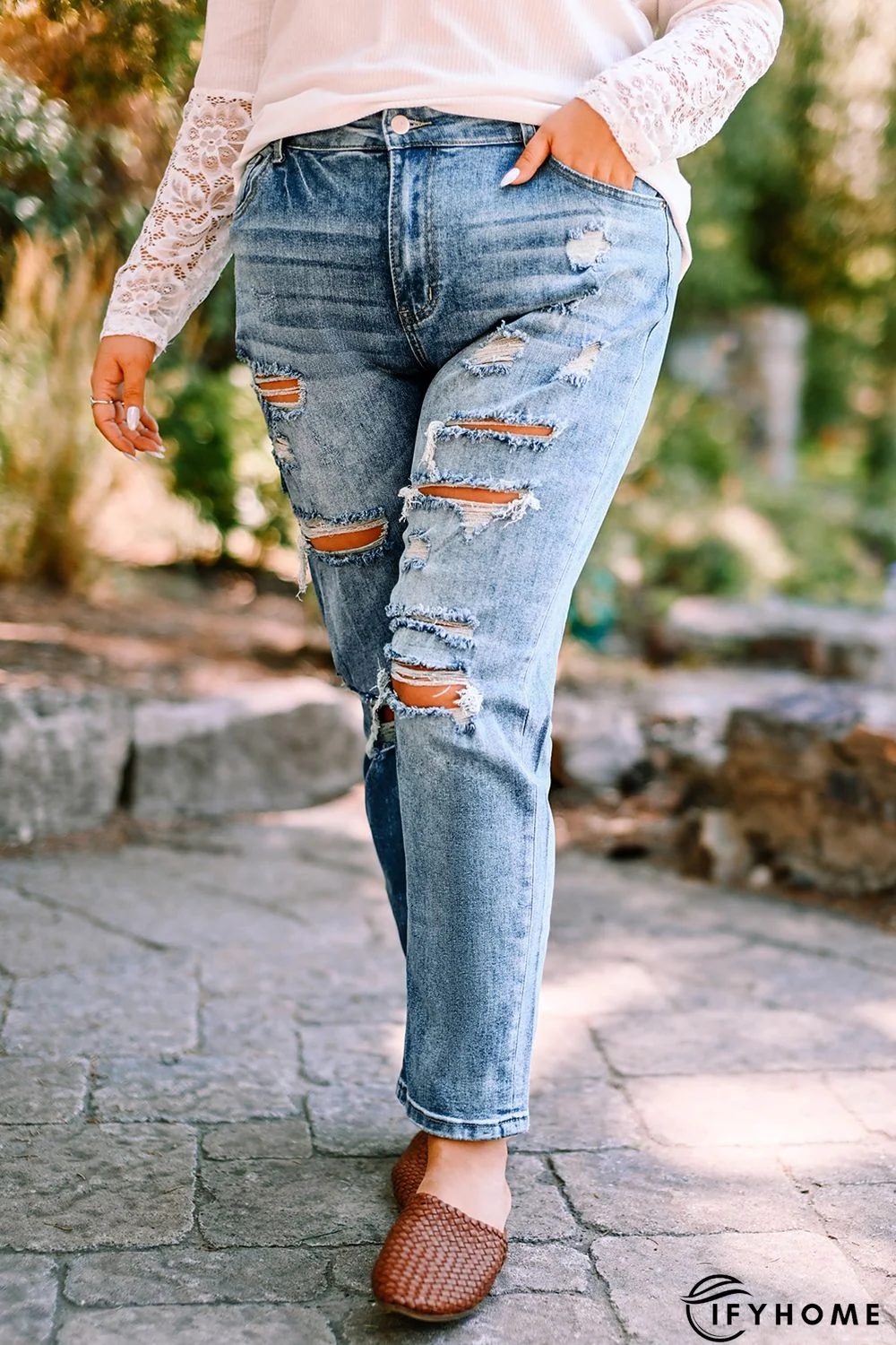 Blue Plus Size Distressed Slit Vintage Jeans | IFYHOME