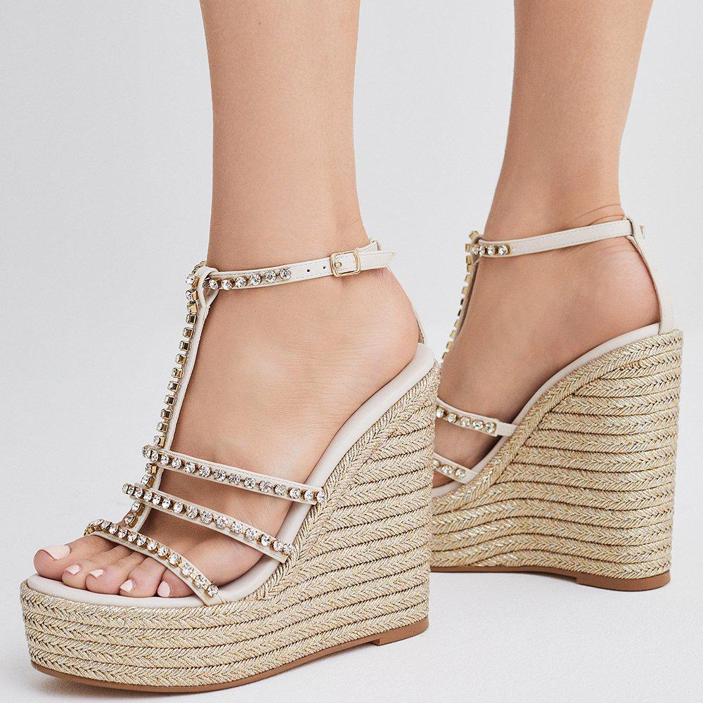 White Open Toe Wedge Heel Rhinestone T-Strap Platform Sandals Nicepairs