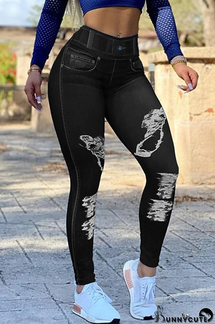 Black Fashion Casual Print Basic High Waist Skinny Trousers