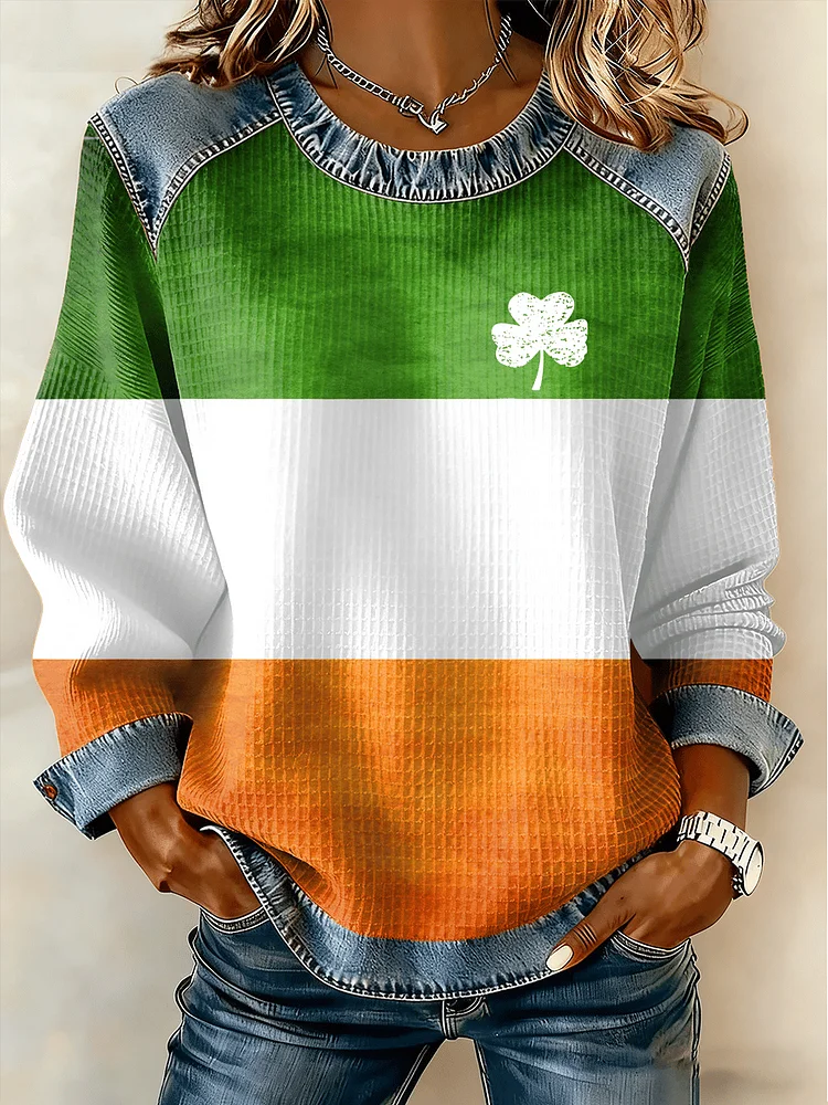 Women's St. Patrick's Day Print Waffle Sweatshirt 