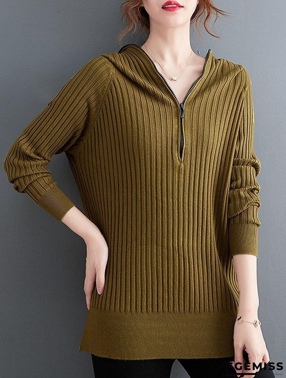 Casual Hooded Solid Color Zipper Knitted Sweater | EGEMISS