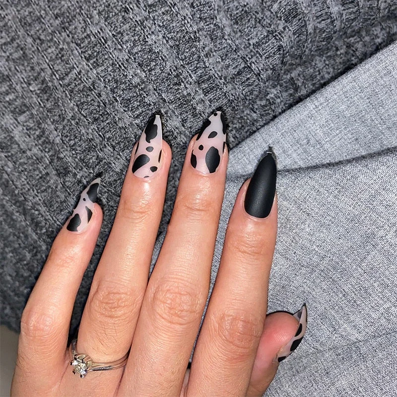 24pcs Stiletto False Press on Nails Tips Matte Black Leopard Wearable Women Finished full cover Acrylic Nails Patch