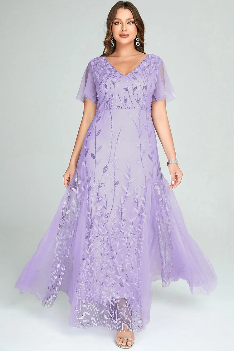 Flycurvy Plus Size Formal Light Purple Mesh Embroidery Ruffle Sleeve Maxi Dress  Flycurvy [product_label]