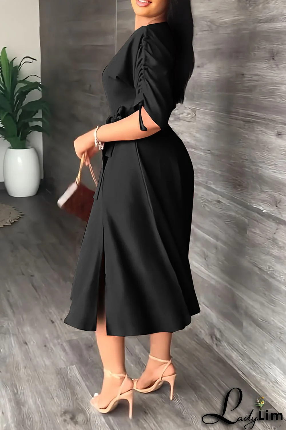 Red Casual Elegant Solid Patchwork Draw String Fold Oblique Collar Dresses