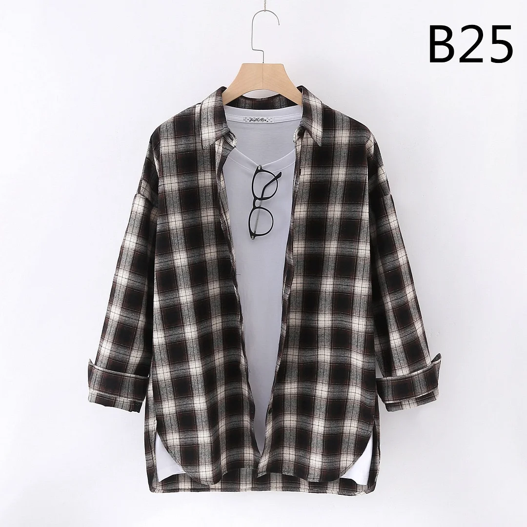 FEKEHA Autumn Winter Plaid Blouses For Women Casual Cotton Checkered Shirts Loose Plaid Outerwear Big Size Tops Red Black