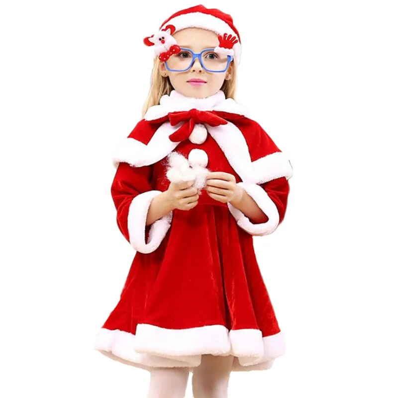 2 4 6 8 10 Years Christmas Costume Boys Girls Santa Claus Red Dress With Cloak Cosplay Kids Children Clothing Girl's Clothes