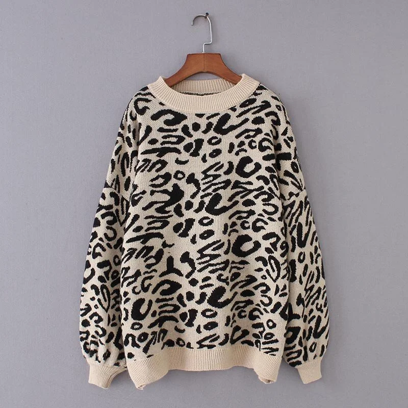 Women 2019 Fall Winter Casual Leopard Print Knitted Pullover Streetwear Jumpers Harajuku Long Sleeve Retro O Neck Sweater
