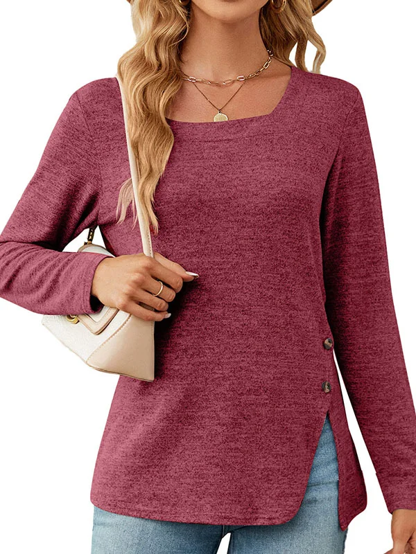 Long Sleeves Loose Asymmetric Buttoned Solid Color Split-Side Square-Neck T-Shirts Tops