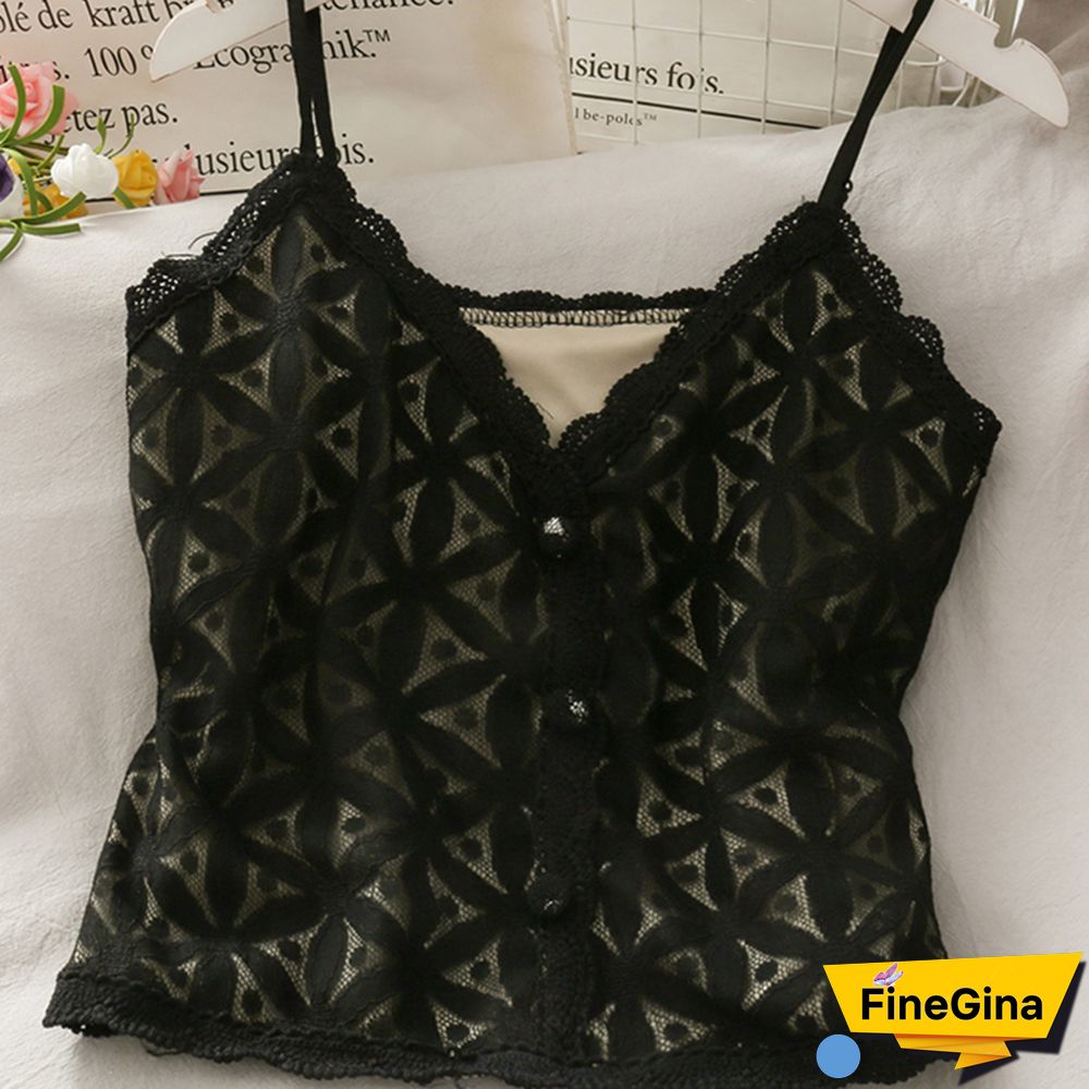 Korean Sling Camisoles Women Clothes Hollow Lace Stitching Dot Print Crop Tops Button Stitching Skinny Tank Top Female Camis