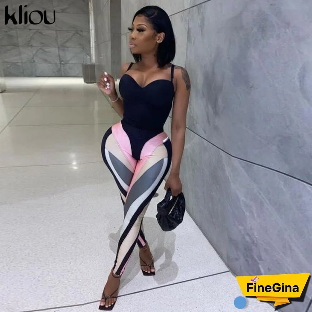 Kliou Color Blocking Women Leggings High Waist Stretchy Skinny Striped Fitness Pants Color Match Streetwear Slim Clothing