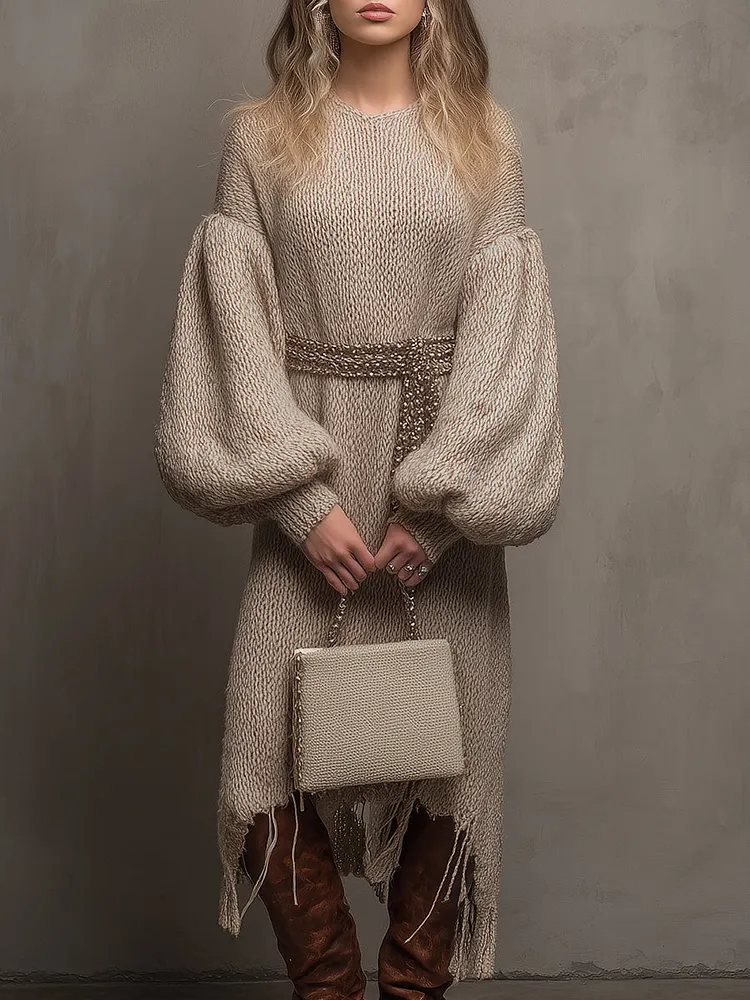 Elegant Knitted Light Brown Lantern Sleeve Brushed Midi Sweater Dress