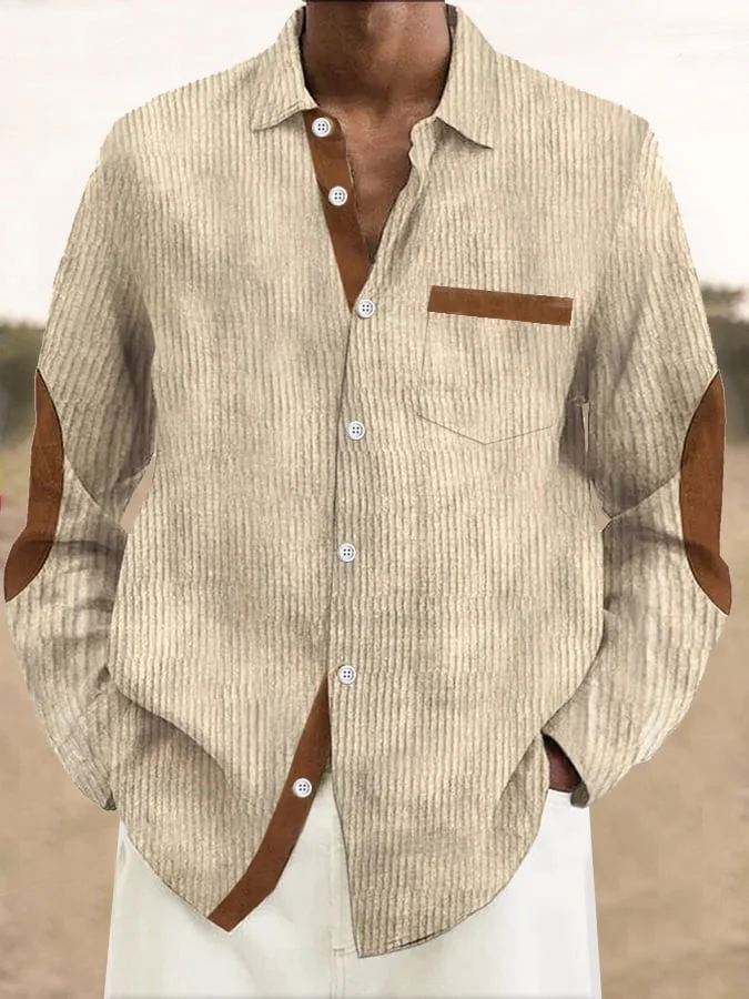 Men's Casual Corduroy Contrast Color Long Sleeve Shirt