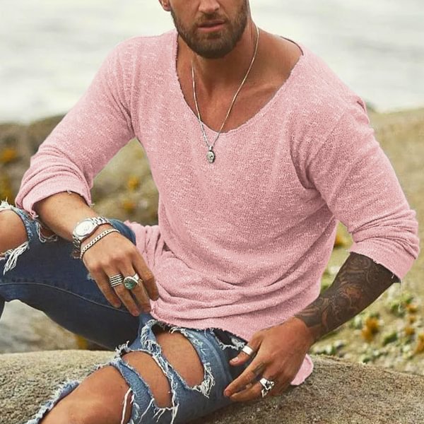 Men's Boho Loose Casual Long Sleeve Neck T-Shirt、、URBENIE